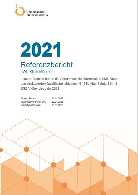 Grafisch gestaltesTitelblatt des "Referenzberichtes 2021" der LWL-Klinik Münster mit orangefarbigen Grafiken unterhalb der Seite